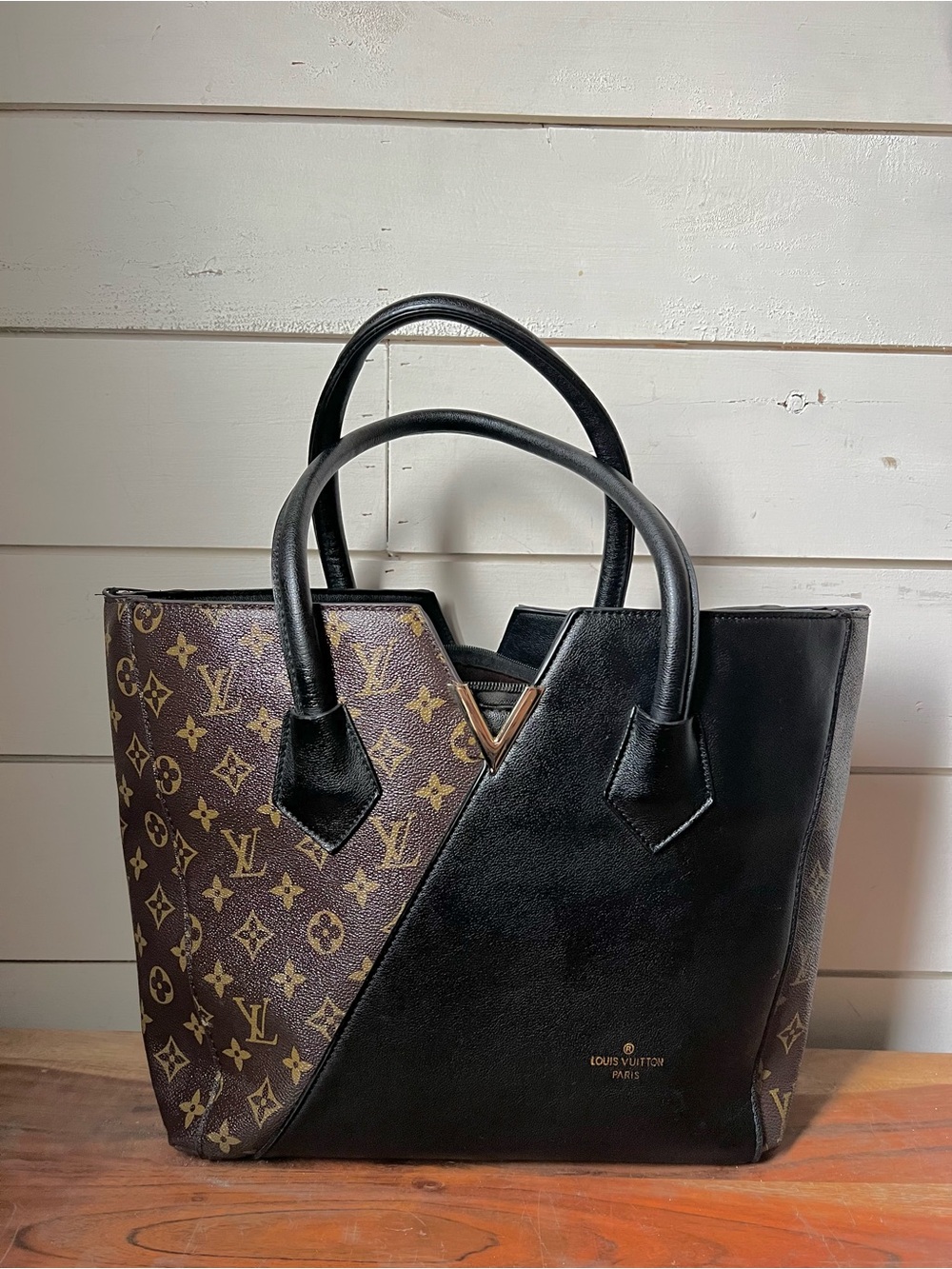 Louis Vuitton Black and Brown Monogram Diagonal Tote with V-Detail
